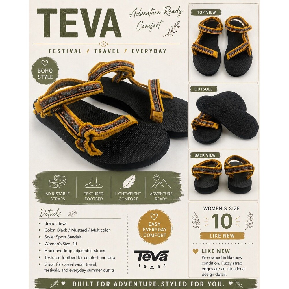 Teva Women’s Size 10 Boho Sport Sandals Black Mustard Multicolor Like New